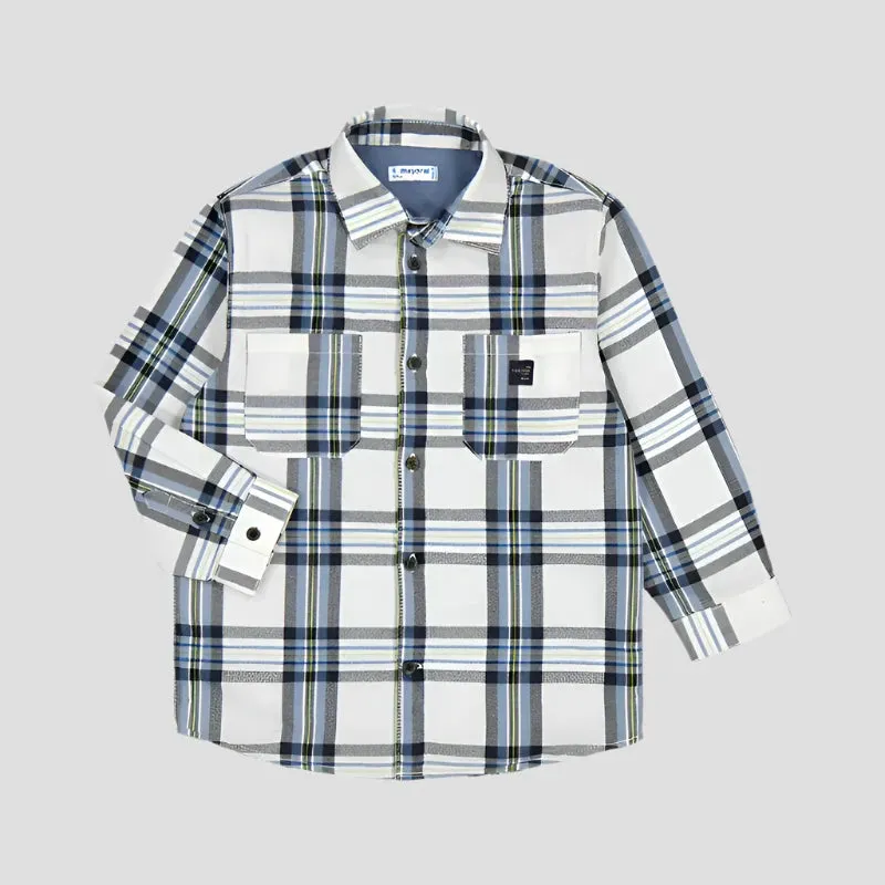 2pc White Blue Plaid Shacket w Navy Pant