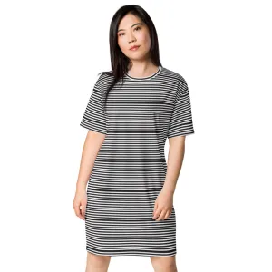 Black White Striped T-Shirt Dress, Horizontally Stripes Women's Oversized Short Sleeves Dress