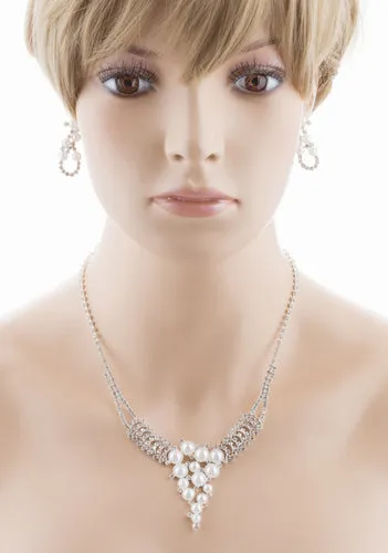Bridal Wedding Jewelry Set Crystal Rhinestone Pearl Exquisite Design Silver
