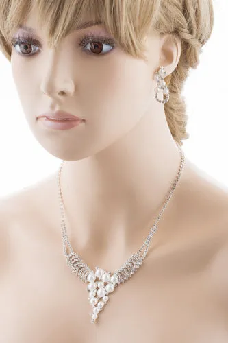 Bridal Wedding Jewelry Set Crystal Rhinestone Pearl Exquisite Design Silver
