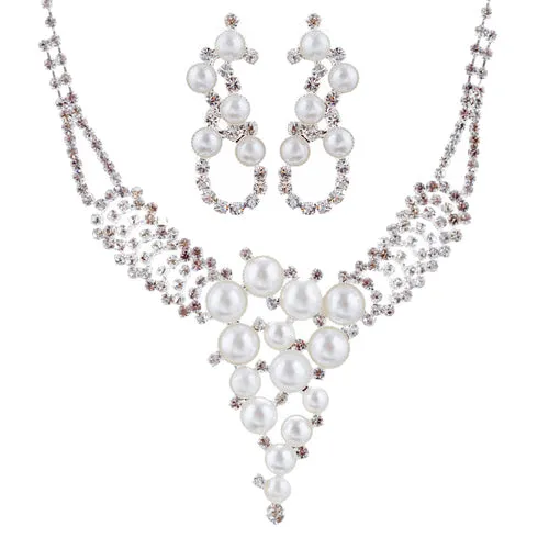 Bridal Wedding Jewelry Set Crystal Rhinestone Pearl Exquisite Design Silver