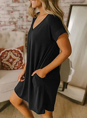 BTFBM Women's V-Neck Short Sleeve Dresses Solid Color Casual Loose Fit T-Shirt Tunic Short Dress Pajamas Striped Print(Black, Medium)