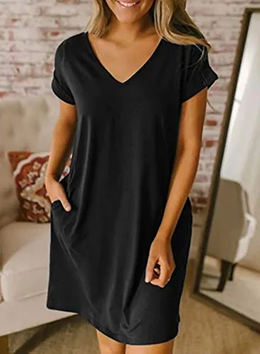BTFBM Women's V-Neck Short Sleeve Dresses Solid Color Casual Loose Fit T-Shirt Tunic Short Dress Pajamas Striped Print(Black, Medium)