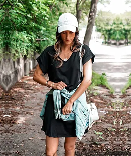 BTFBM Women's V-Neck Short Sleeve Dresses Solid Color Casual Loose Fit T-Shirt Tunic Short Dress Pajamas Striped Print(Black, Medium)