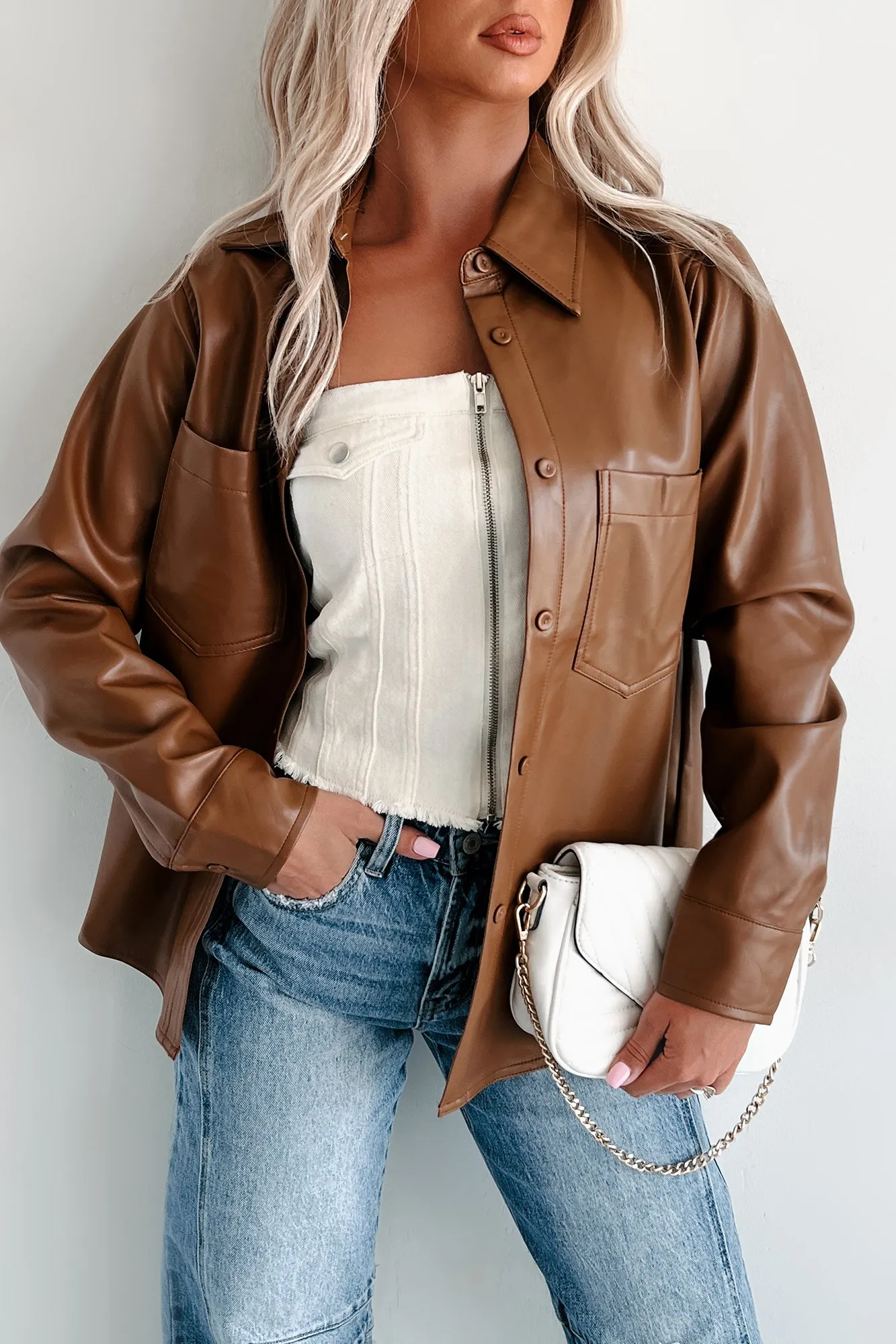 Conducting My Business Faux Leather Shacket (Brown)