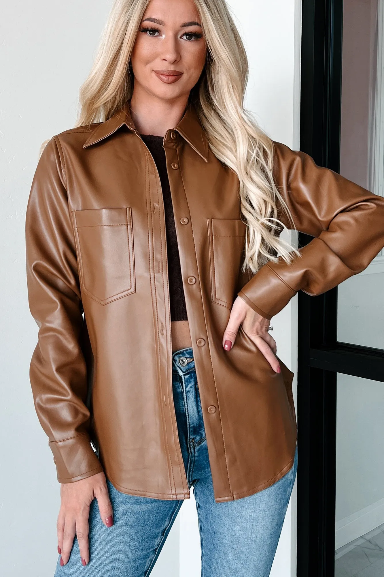 Conducting My Business Faux Leather Shacket (Brown)