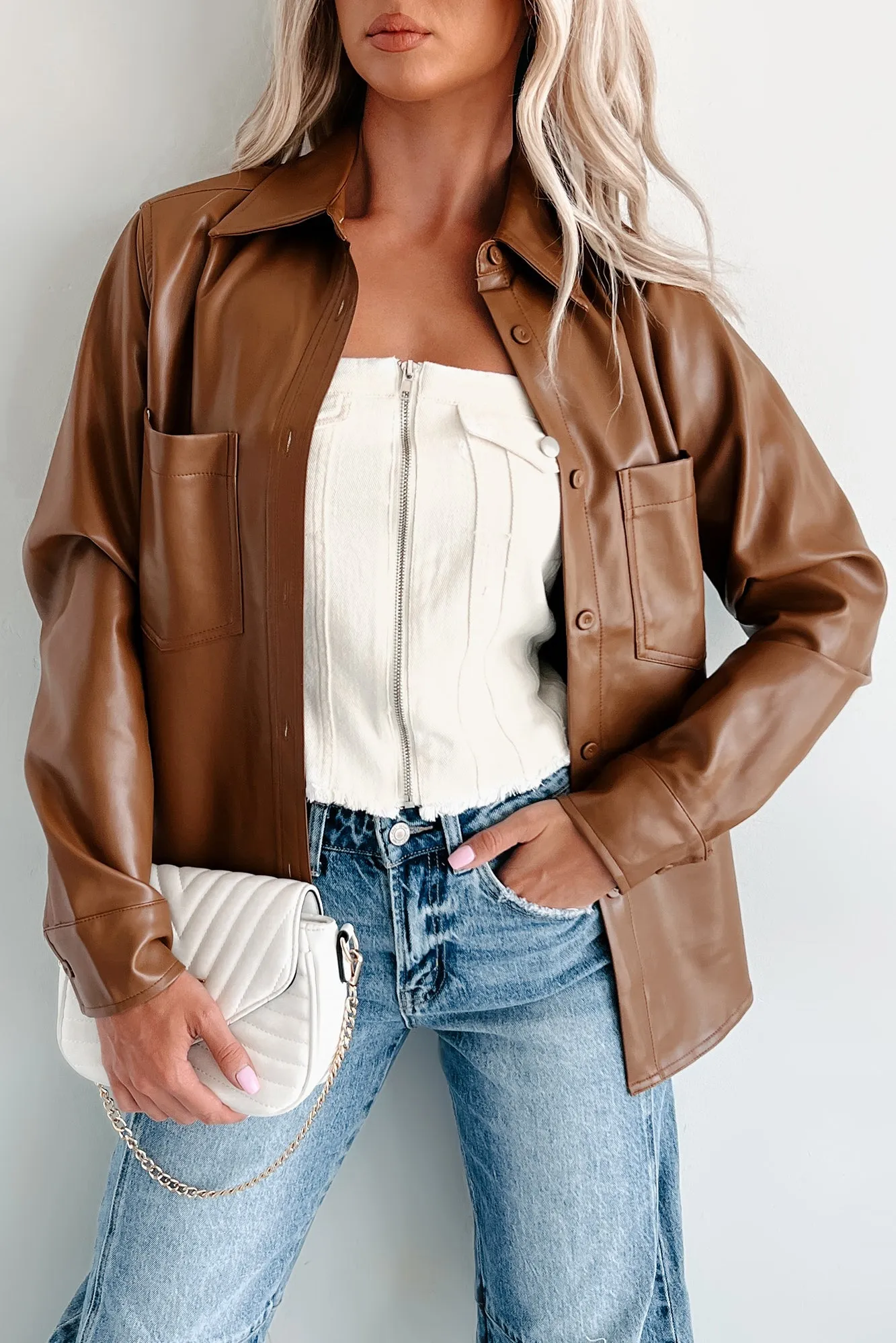 Conducting My Business Faux Leather Shacket (Brown)