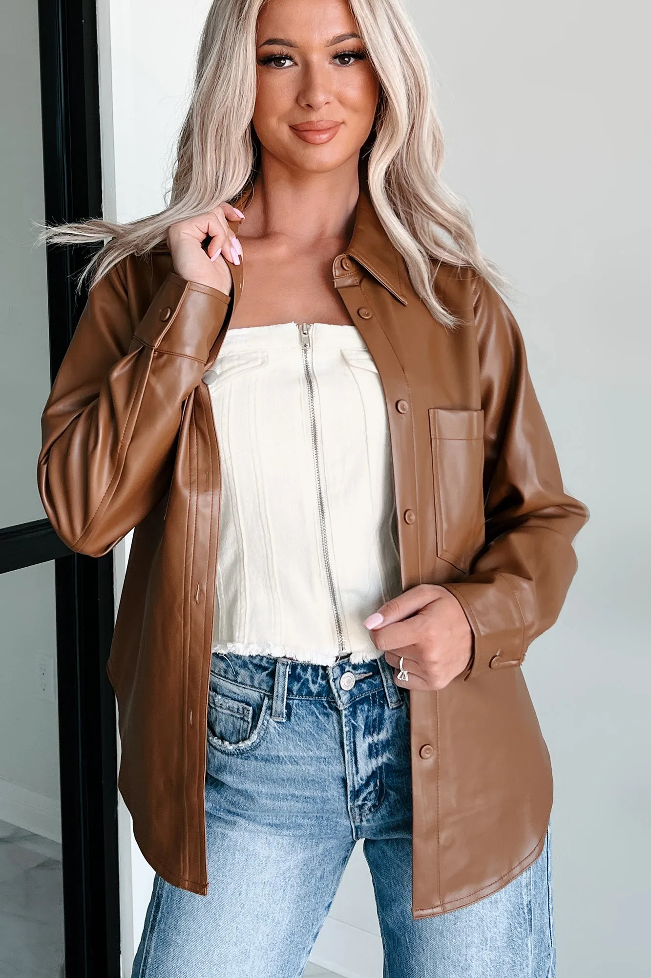 Conducting My Business Faux Leather Shacket (Brown)
