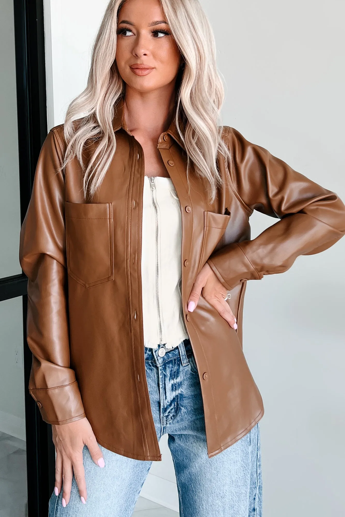 Conducting My Business Faux Leather Shacket (Brown)