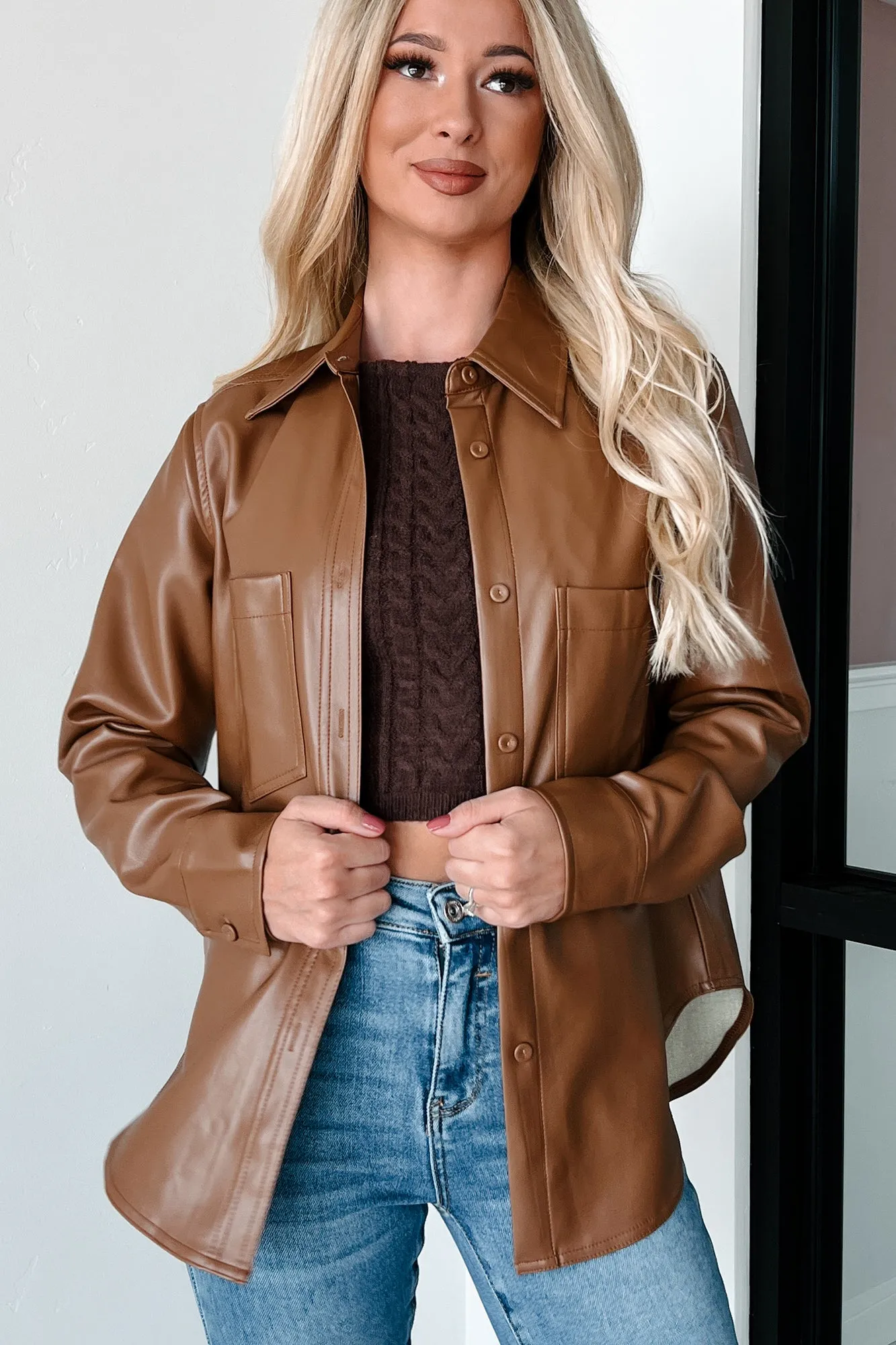 Conducting My Business Faux Leather Shacket (Brown)