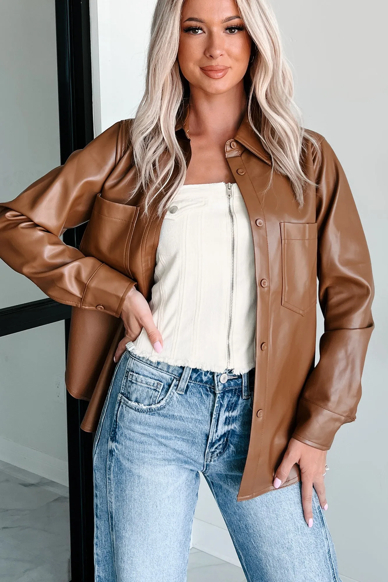 Conducting My Business Faux Leather Shacket (Brown)