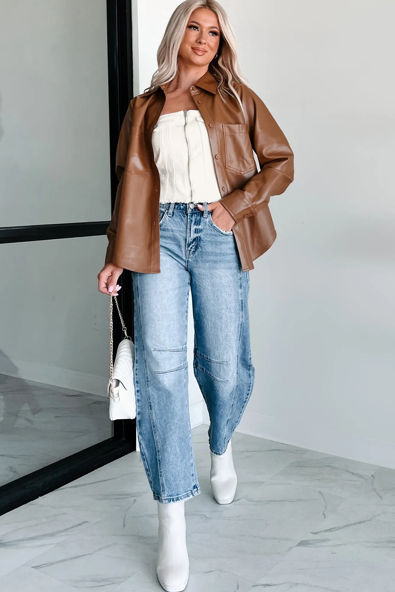 Conducting My Business Faux Leather Shacket (Brown)