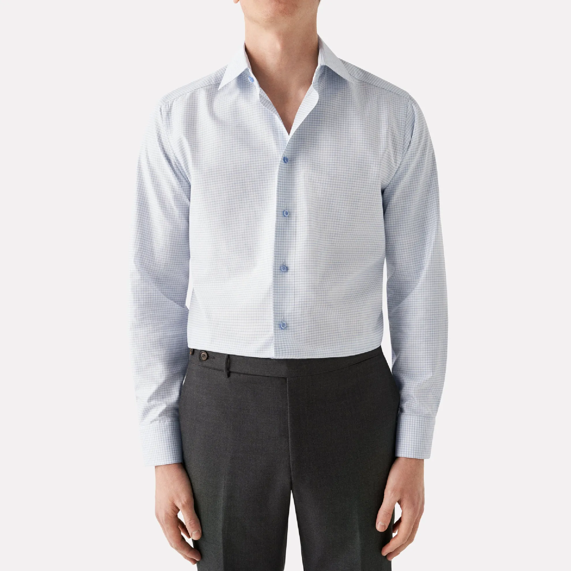 Contemporary Fit Check Cotton-Tencel Shirt / Light Blue
