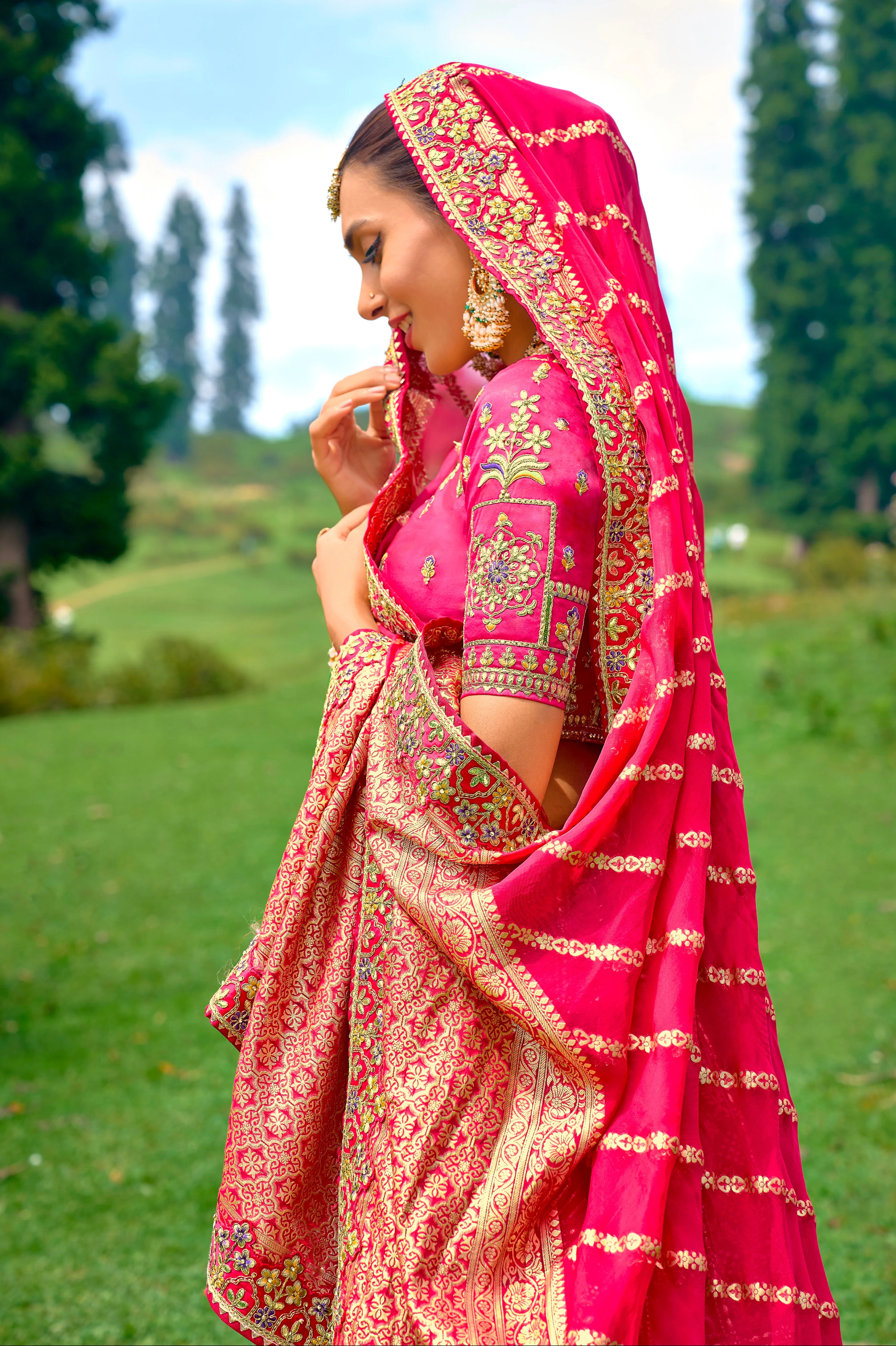Exquisite Pink Bandhej Designer Wedding Lehenga Choli