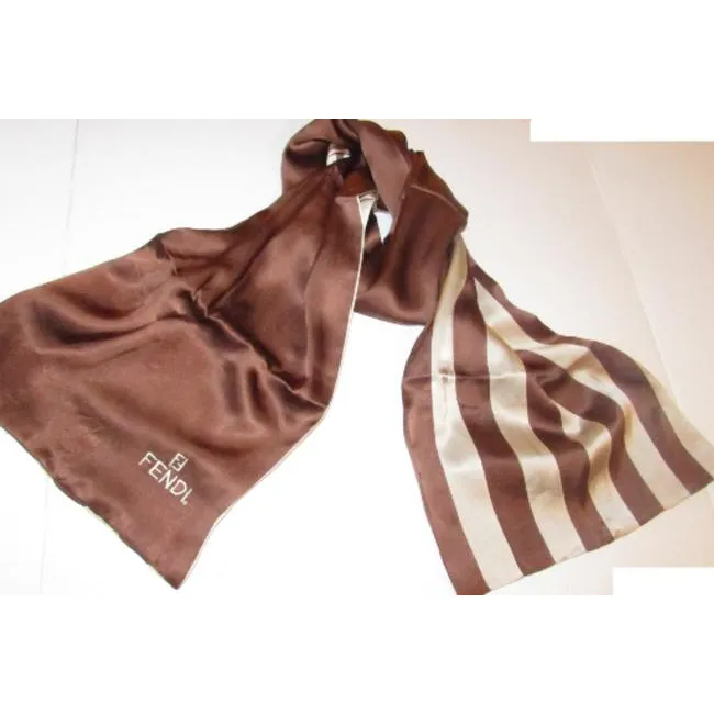 Fendi Ivory Brown Pequin Print Double Sided Silk Scarf