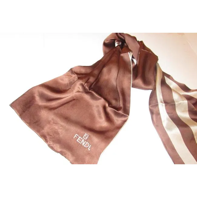 Fendi Ivory Brown Pequin Print Double Sided Silk Scarf