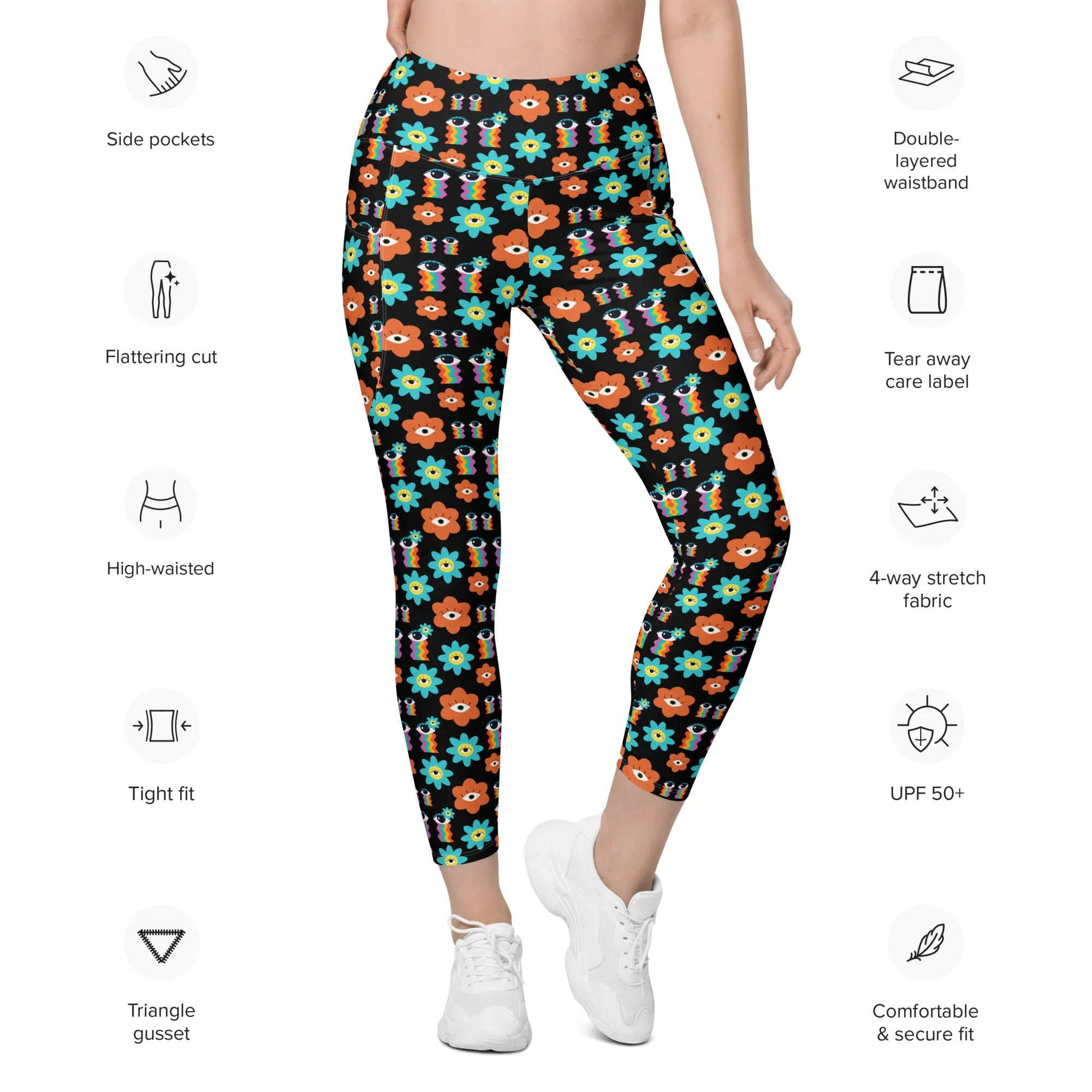 High-Waisted Leggings with Pockets - 70's Vibes - Black