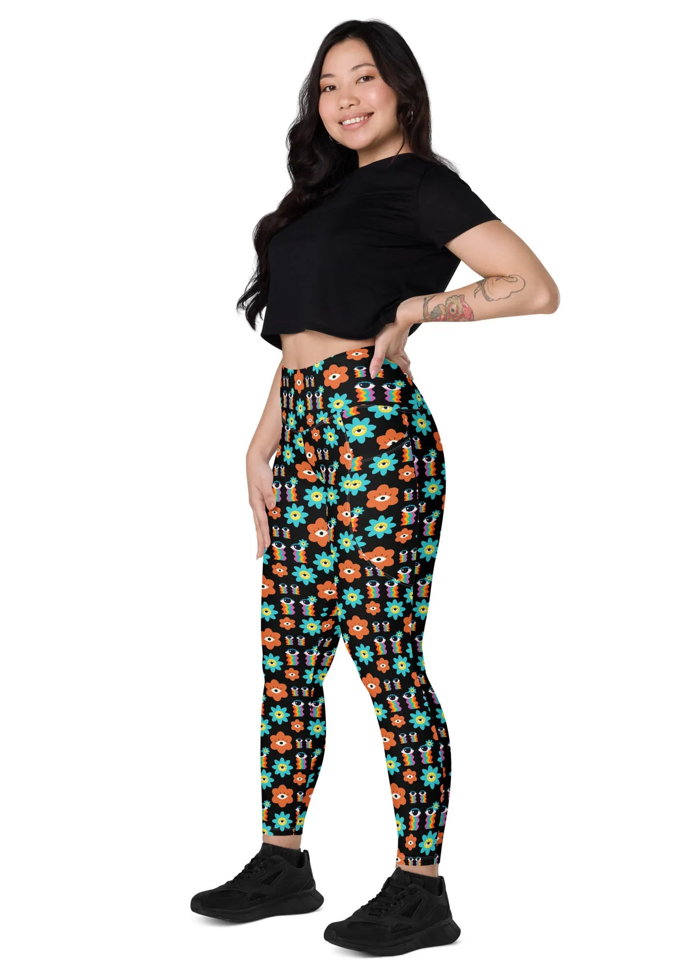 High-Waisted Leggings with Pockets - 70's Vibes - Black