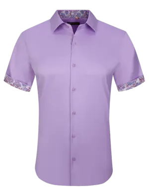 Men's purple lilac short sleeve casual shirts stretch material fancy design on the sleeves