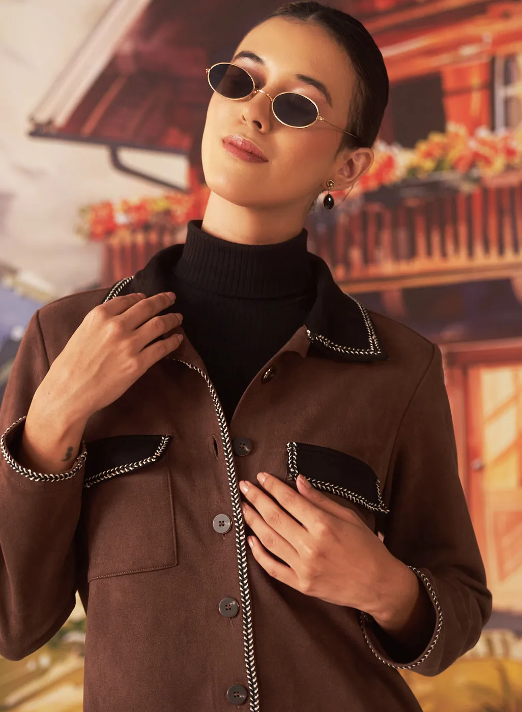 Mia Brown Monochrome Suede Shacket for Women
