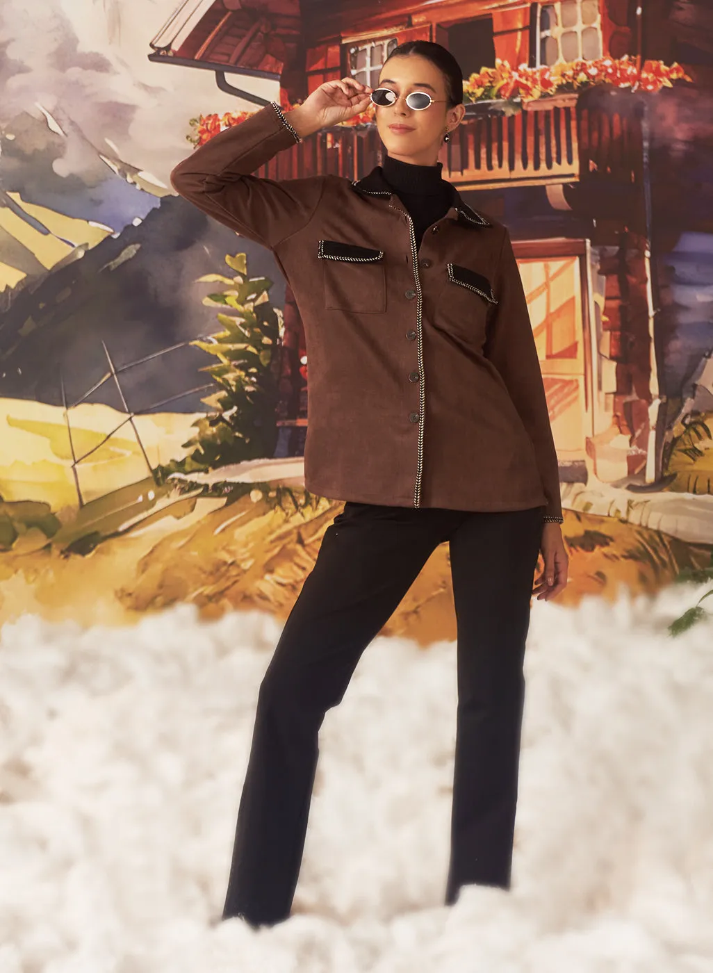 Mia Brown Monochrome Suede Shacket for Women