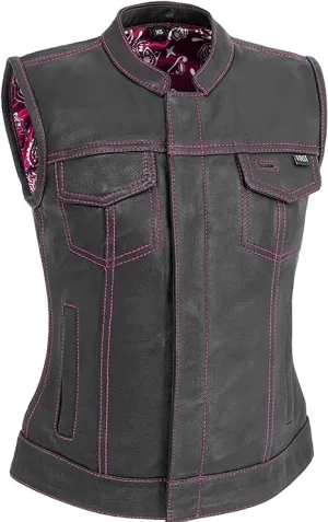 PINK FIL022PINK - Women's Club Style Motorcycle Leather Vest