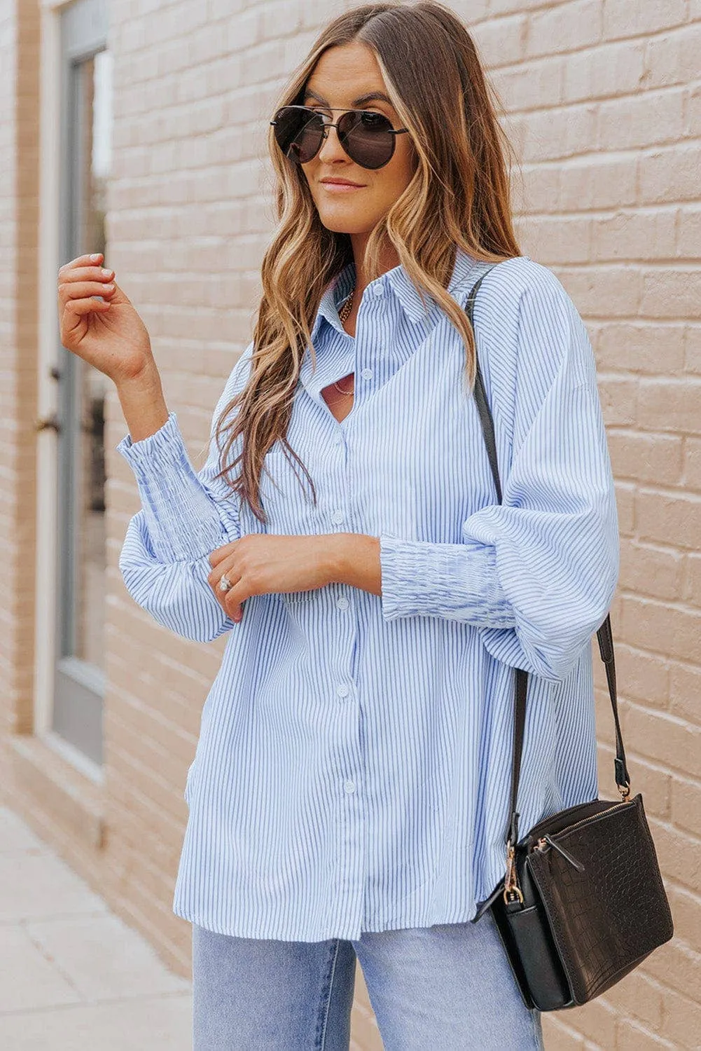 Pink Striped Cinched Sleeve Top