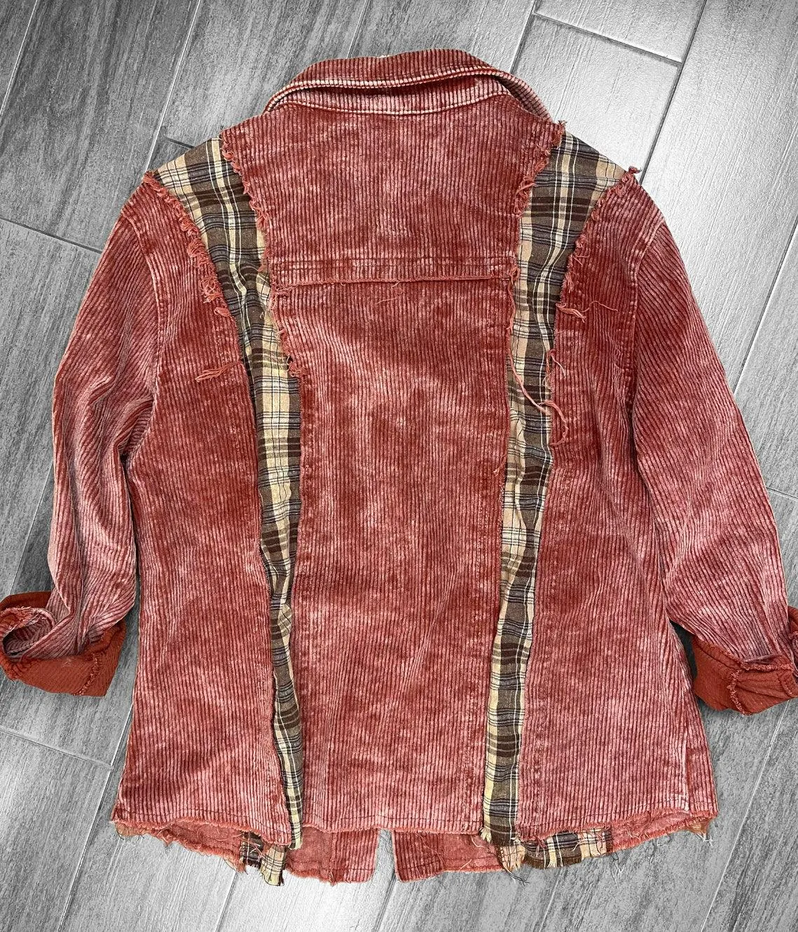 POL Corduroy & Plaid Cinnamon Shacket