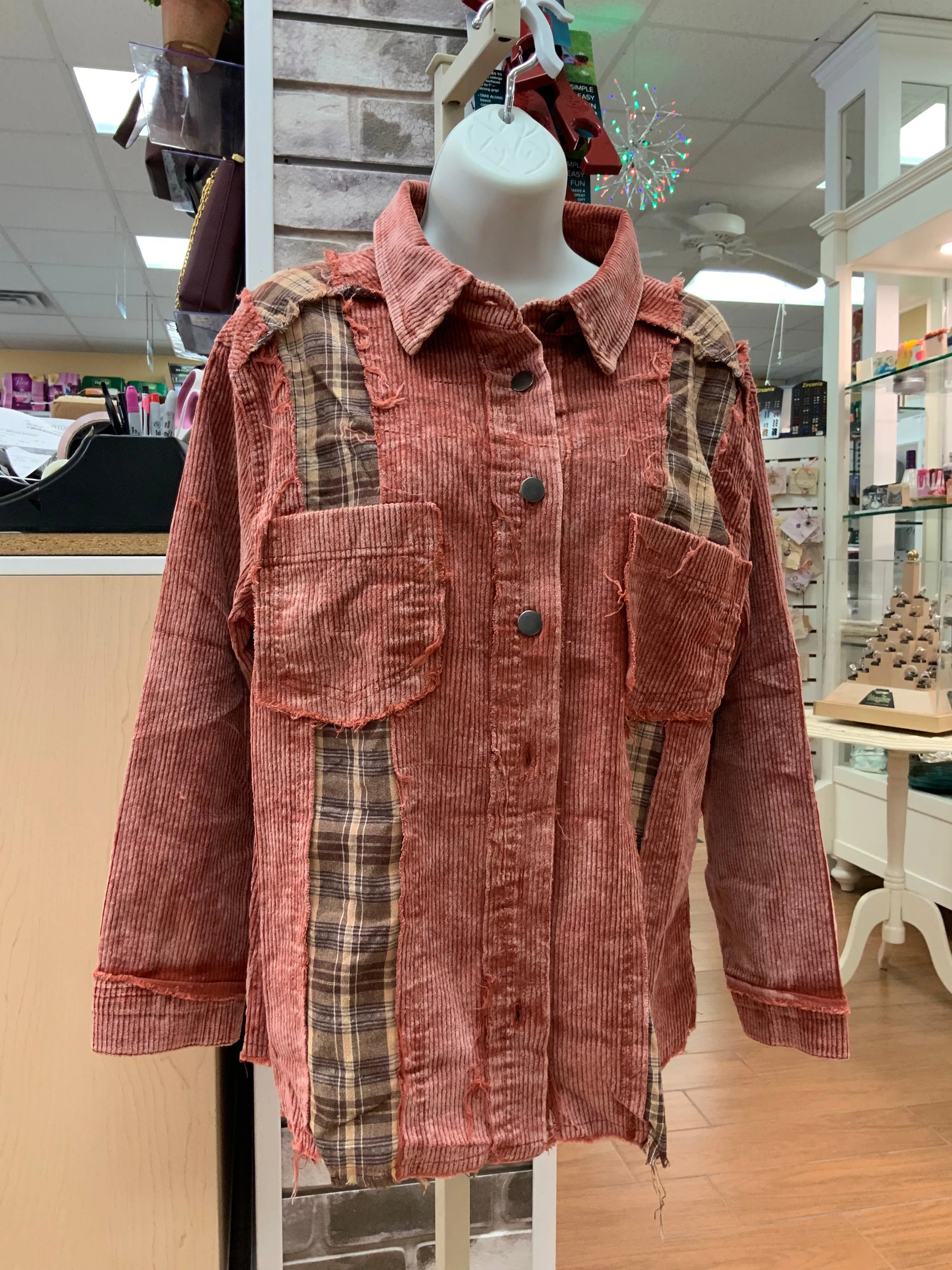 POL Corduroy & Plaid Cinnamon Shacket