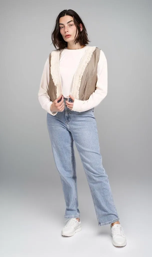R204593 - Linen Patchwork Vest - Beige & White