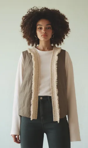 R204593 - Linen Patchwork Vest - Beige & White R204593 - Linen Patchwork Vest - Beige & White