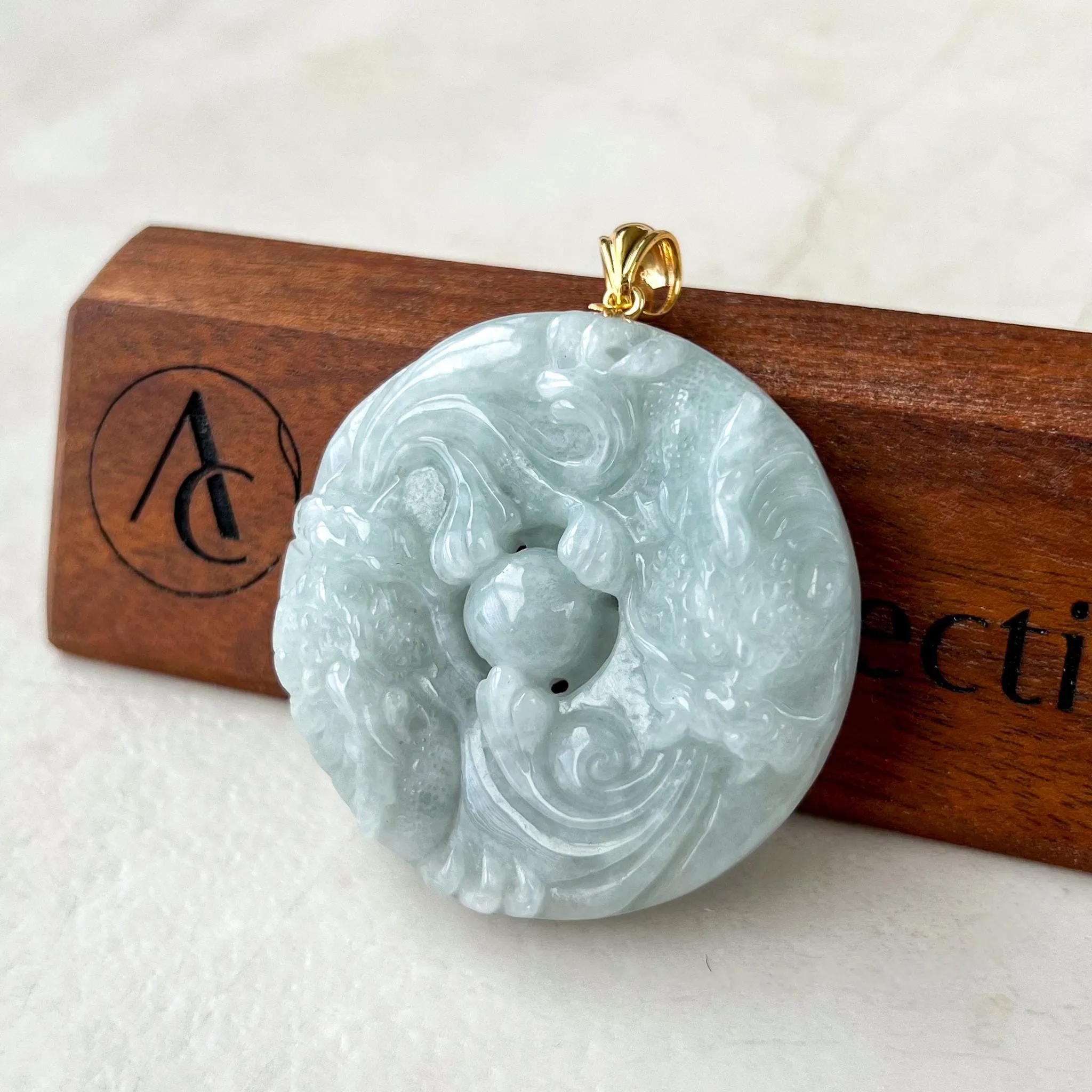 Twin Dragon Orb Jade Pendant, Light Green Gray Jadeite Jade Pendant with 18K Gold, YO-0424-1732858627