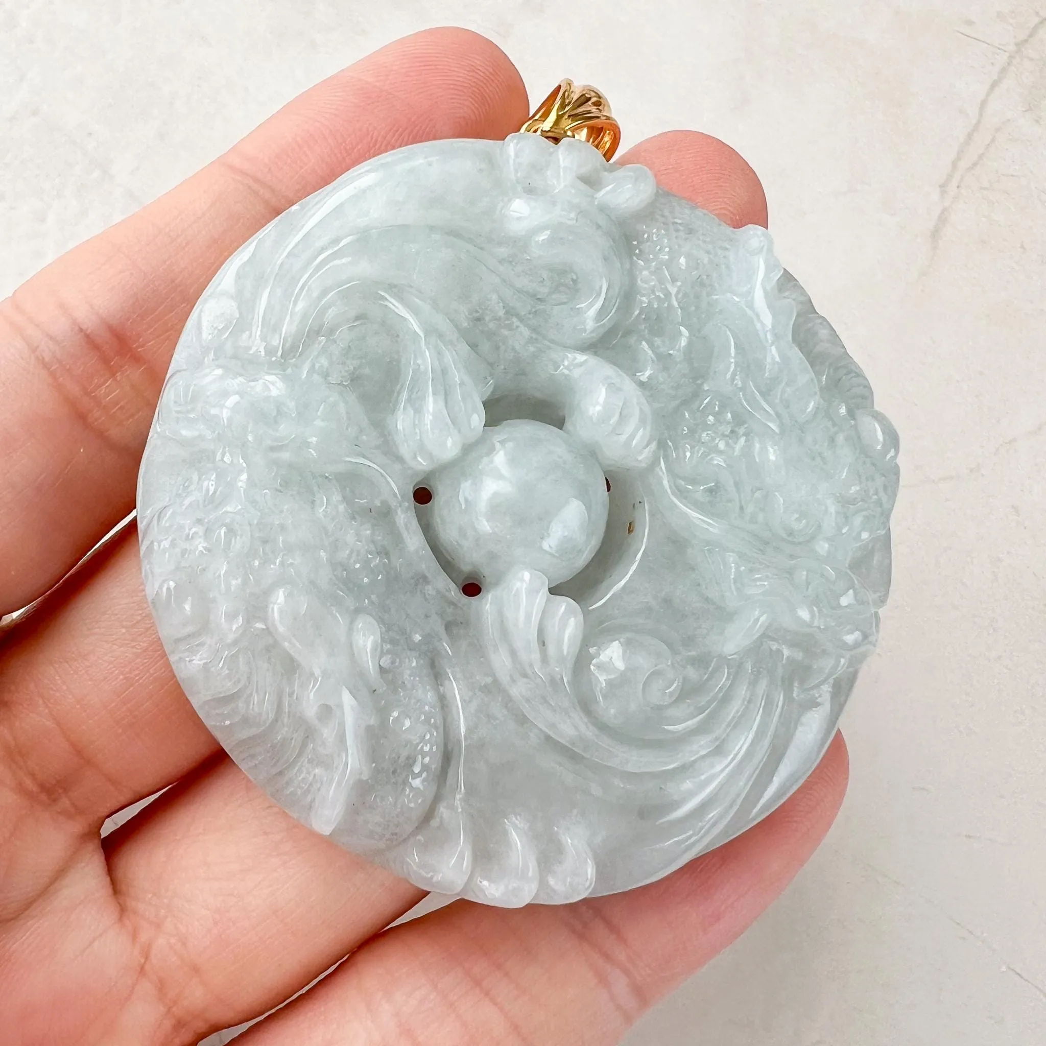 Twin Dragon Orb Jade Pendant, Light Green Gray Jadeite Jade Pendant with 18K Gold, YO-0424-1732858627