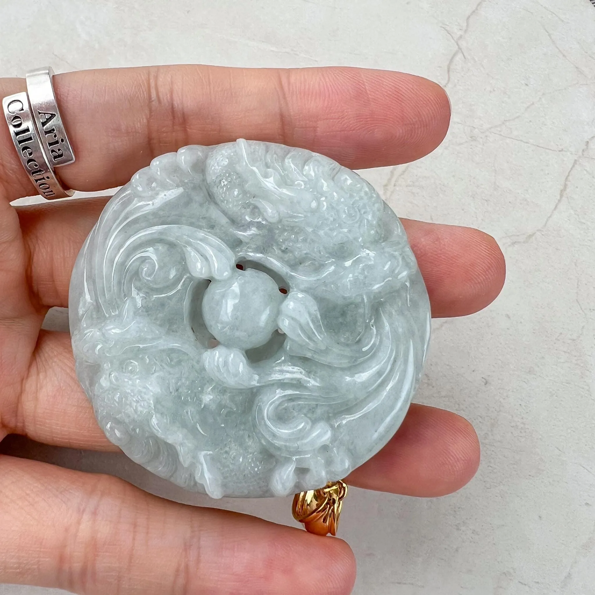 Twin Dragon Orb Jade Pendant, Light Green Gray Jadeite Jade Pendant with 18K Gold, YO-0424-1732858627