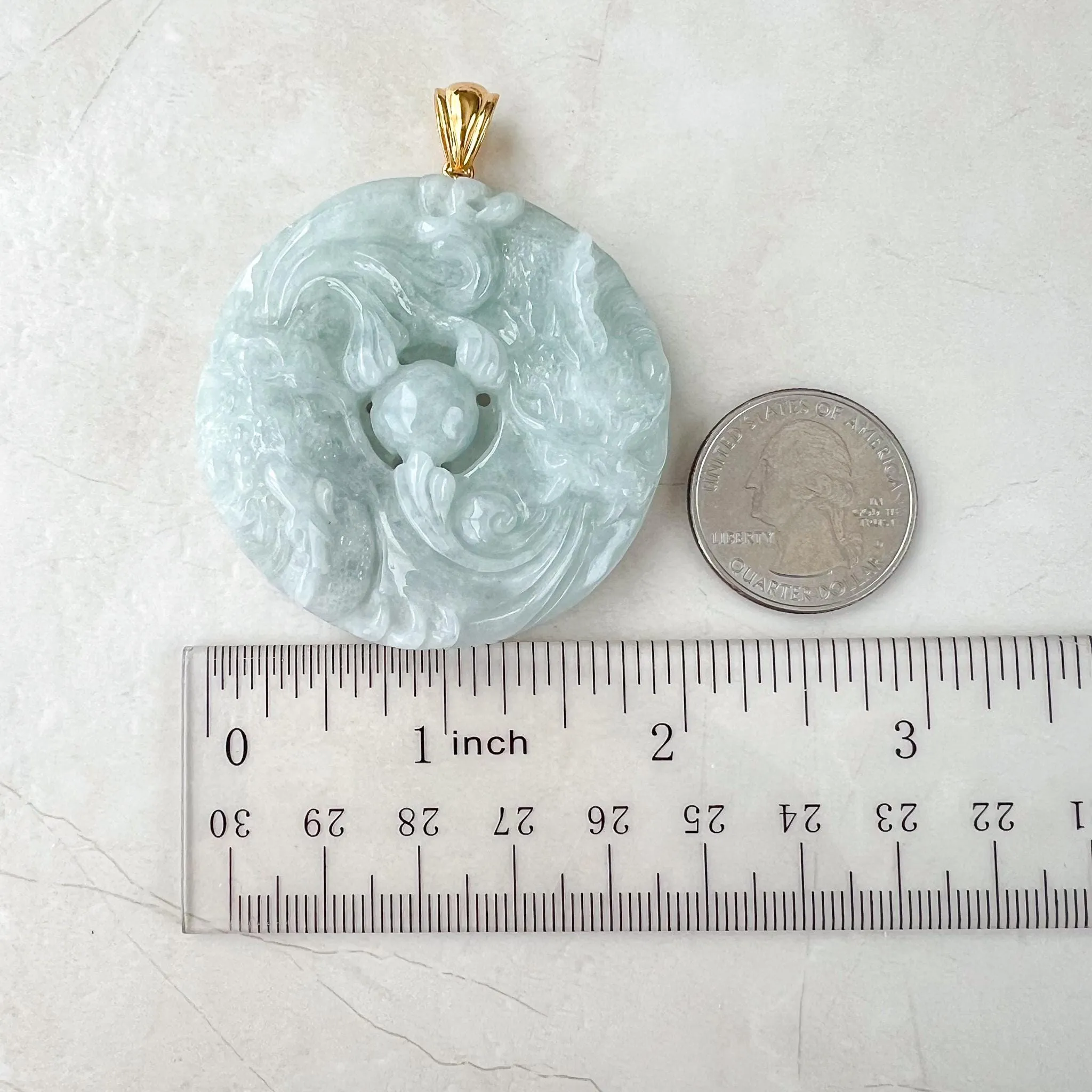 Twin Dragon Orb Jade Pendant, Light Green Gray Jadeite Jade Pendant with 18K Gold, YO-0424-1732858627