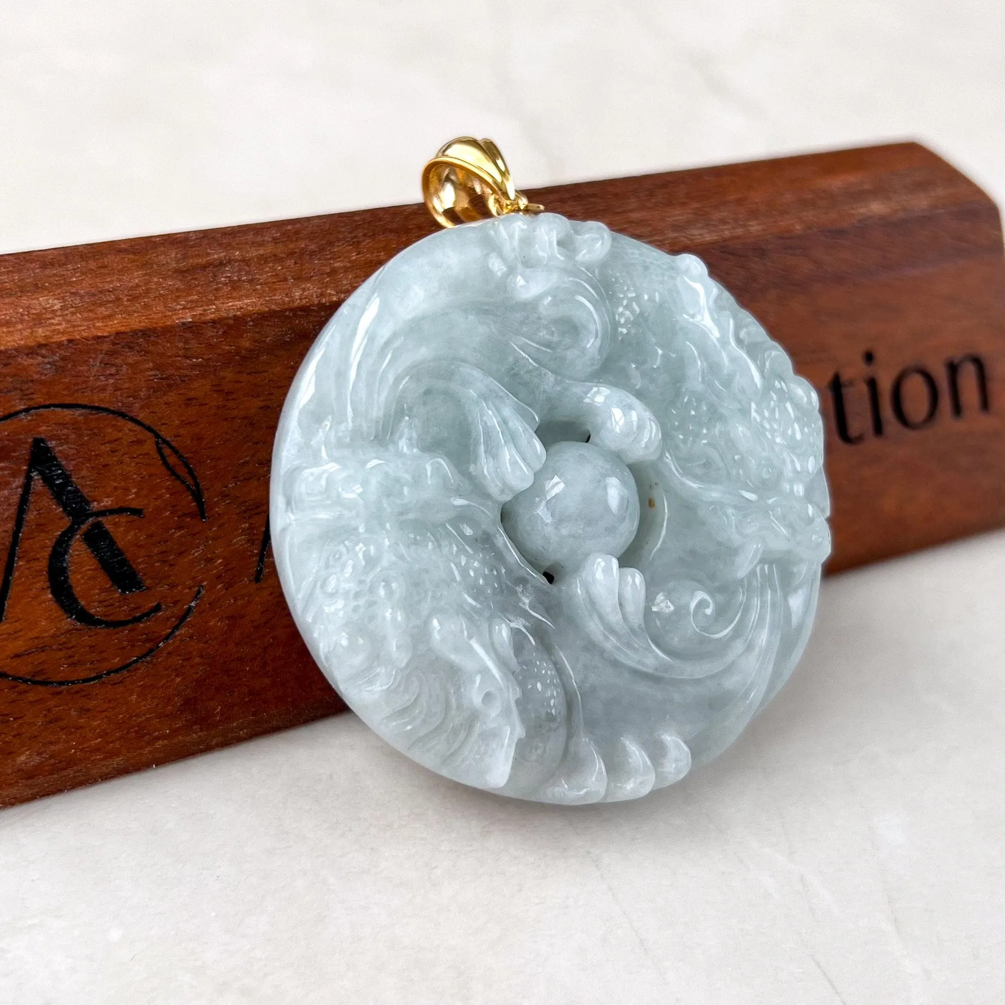 Twin Dragon Orb Jade Pendant, Light Green Gray Jadeite Jade Pendant with 18K Gold, YO-0424-1732858627