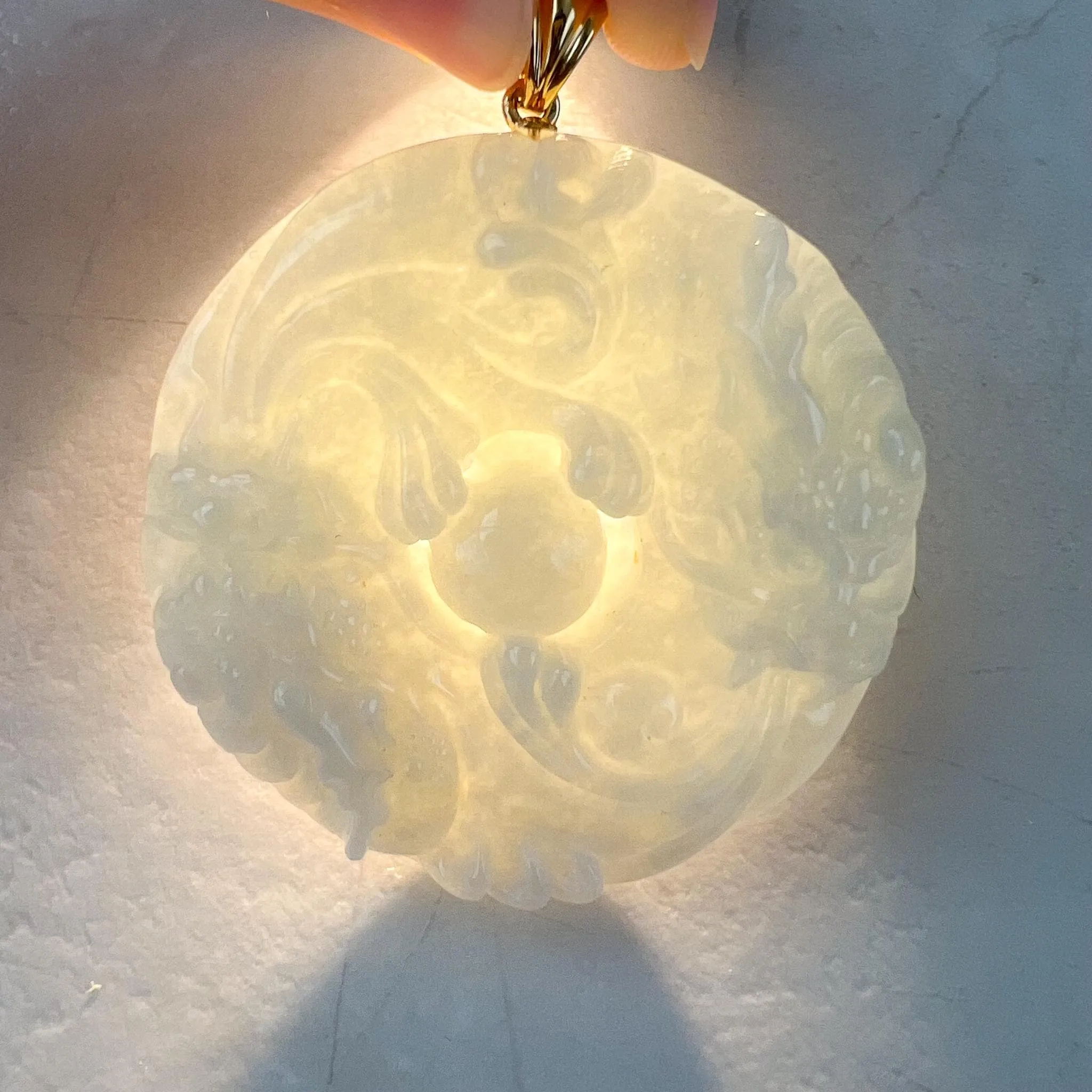 Twin Dragon Orb Jade Pendant, Light Green Gray Jadeite Jade Pendant with 18K Gold, YO-0424-1732858627