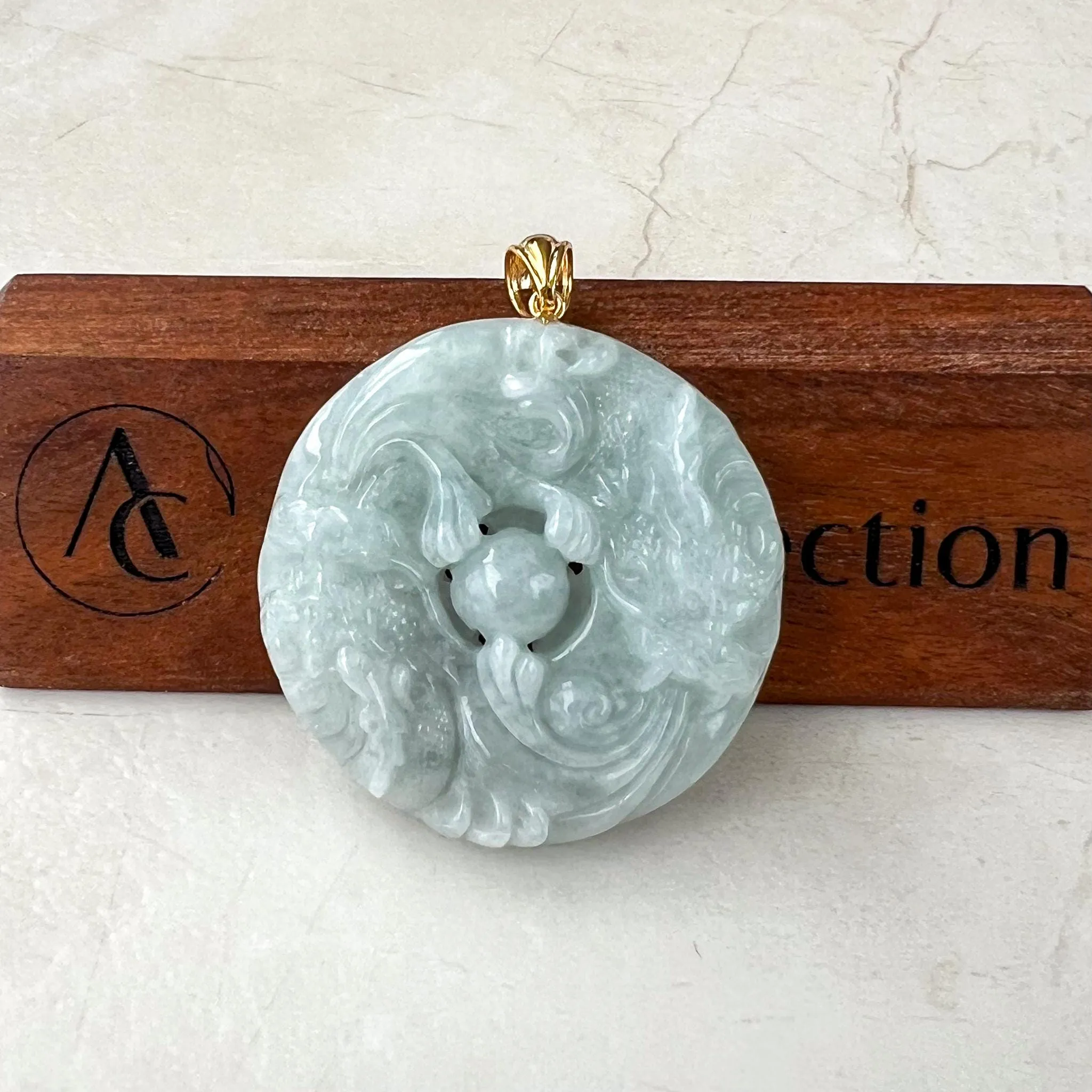 Twin Dragon Orb Jade Pendant, Light Green Gray Jadeite Jade Pendant with 18K Gold, YO-0424-1732858627